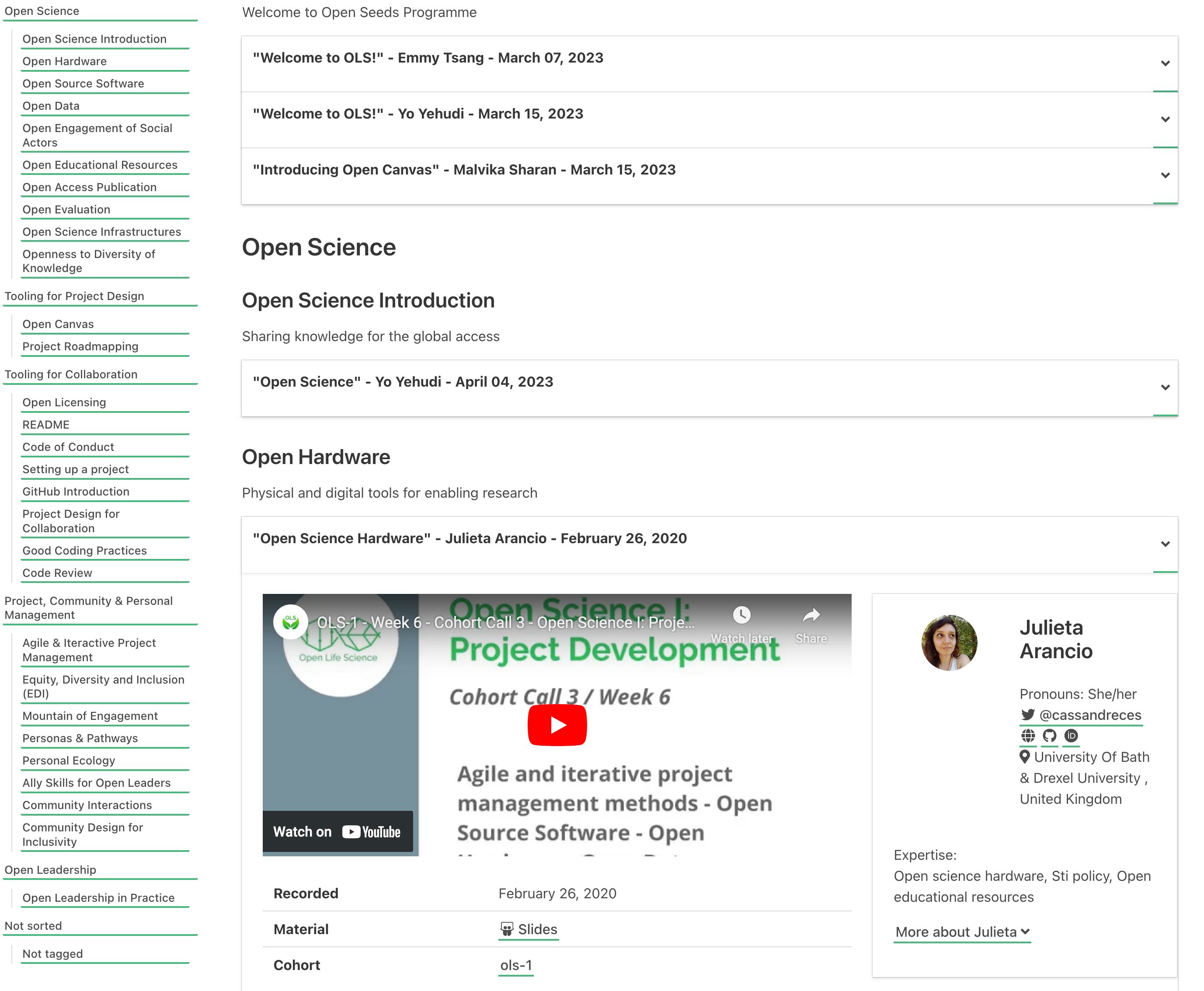 Screenshot of the Open Seeds Video Library, showing the table of content on the left, the Open Science section on the middle with a talk on Open Hardware expanded